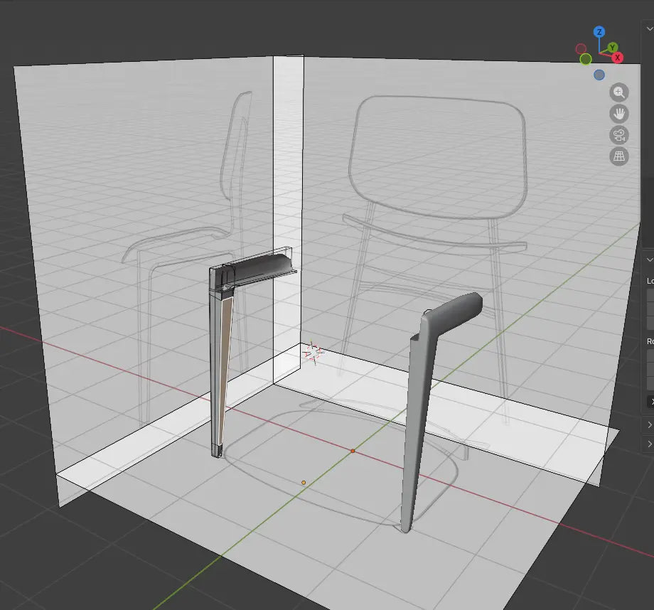 3D model of a chair in a design software interface with wireframe view.