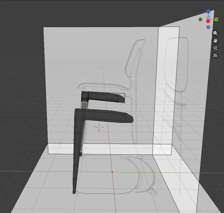 3D model of a chair in a wireframe view on a grid background